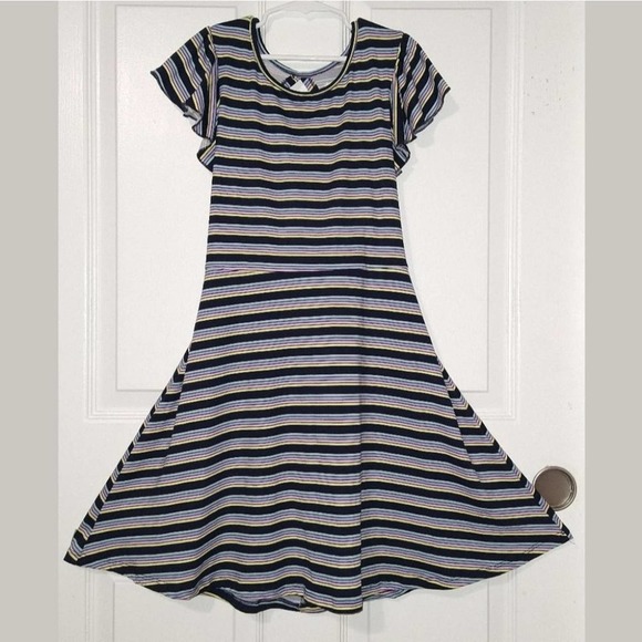 Speechless Girls Navy Striped Flutter Sleeve Skater Dress, Size 12 - Picture 3 of 8